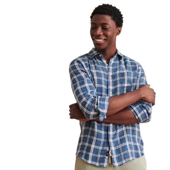 Faherty Men’s Linen Laguna Shirt Button Down Collared Jetty Plaid Blue Medium M - Picture 1 of 15